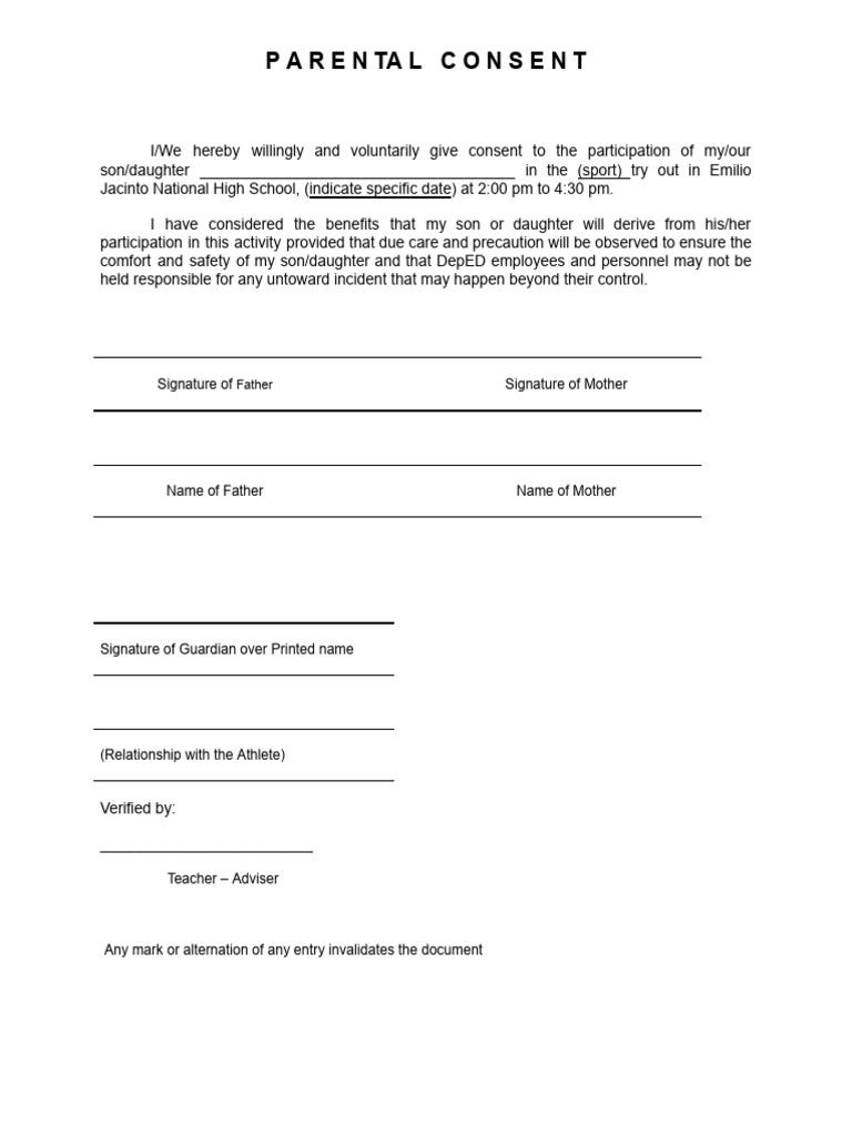 Parental Consent Form for Sports Tryouts | PDF