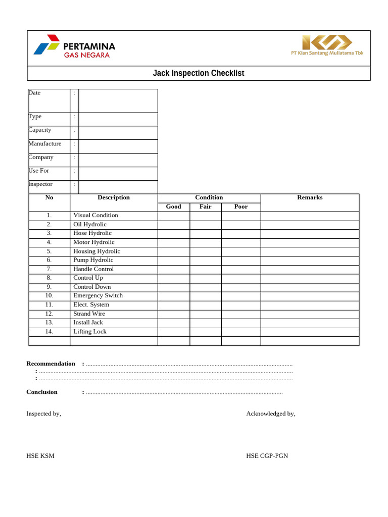 Hydraulic Jack Inspection Checklist | PDF