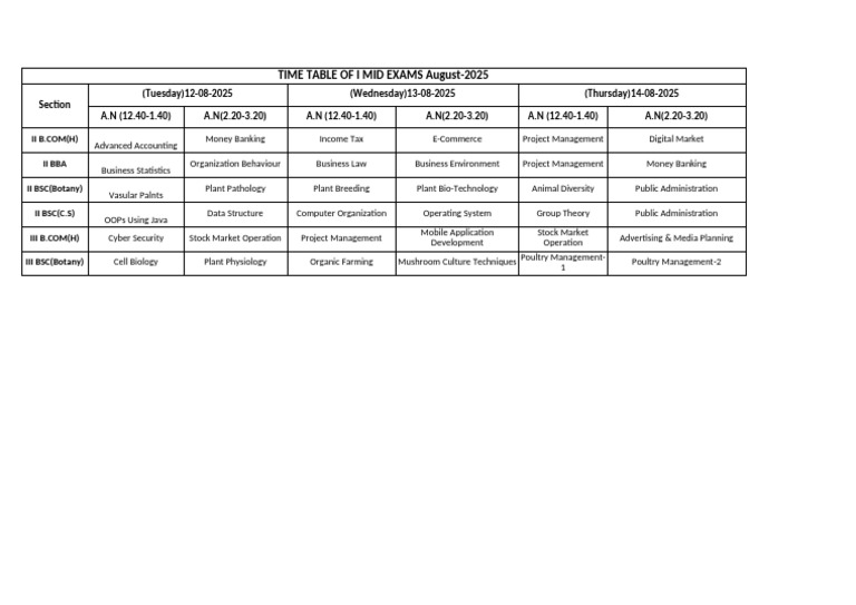 August 2025 Mid Exam Timetable | PDF