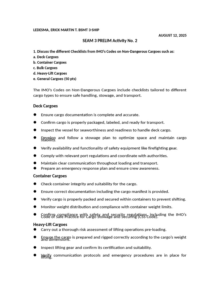 IMO Checklists for Non-Dangerous Cargoes | PDF | Cargo
