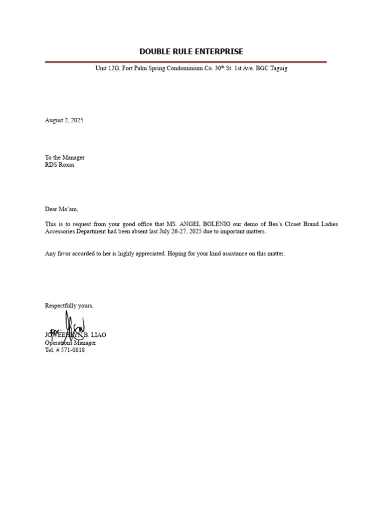 Absence Request for Bea's Closet Employee | PDF