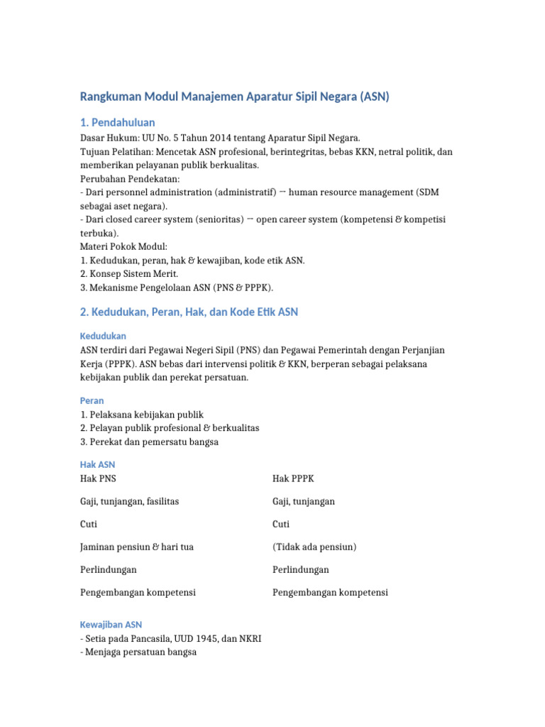 Rangkuman Manajemen ASN dan Sistem Merit | PDF