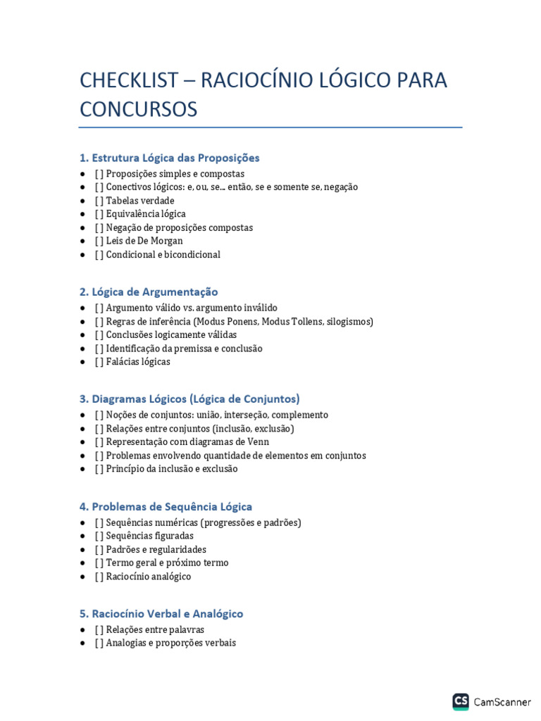 Checklist de Raciocínio Lógico para Concursos | PDF