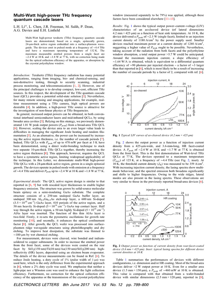 High-Power THz Quantum Cascade Lasers | PDF | Terahertz Radiation ...