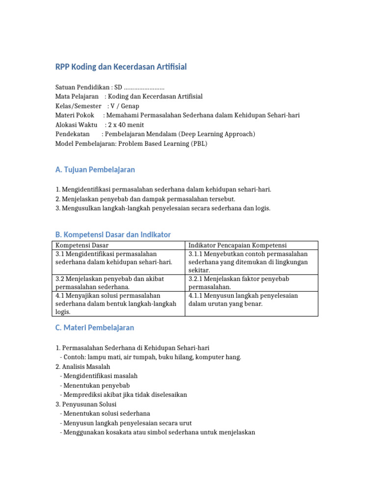 RPP Koding SD: Permasalahan Sederhana | PDF