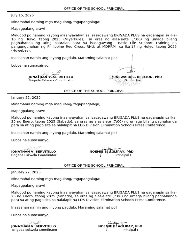 Brigada Plus - Letter To Parent | PDF