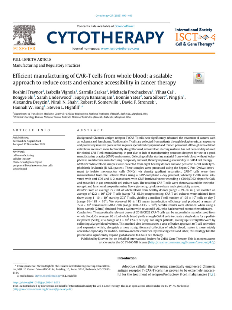 Efficient Manufacturing of CAR-T Cells From Whole Blood - A Scalable ...