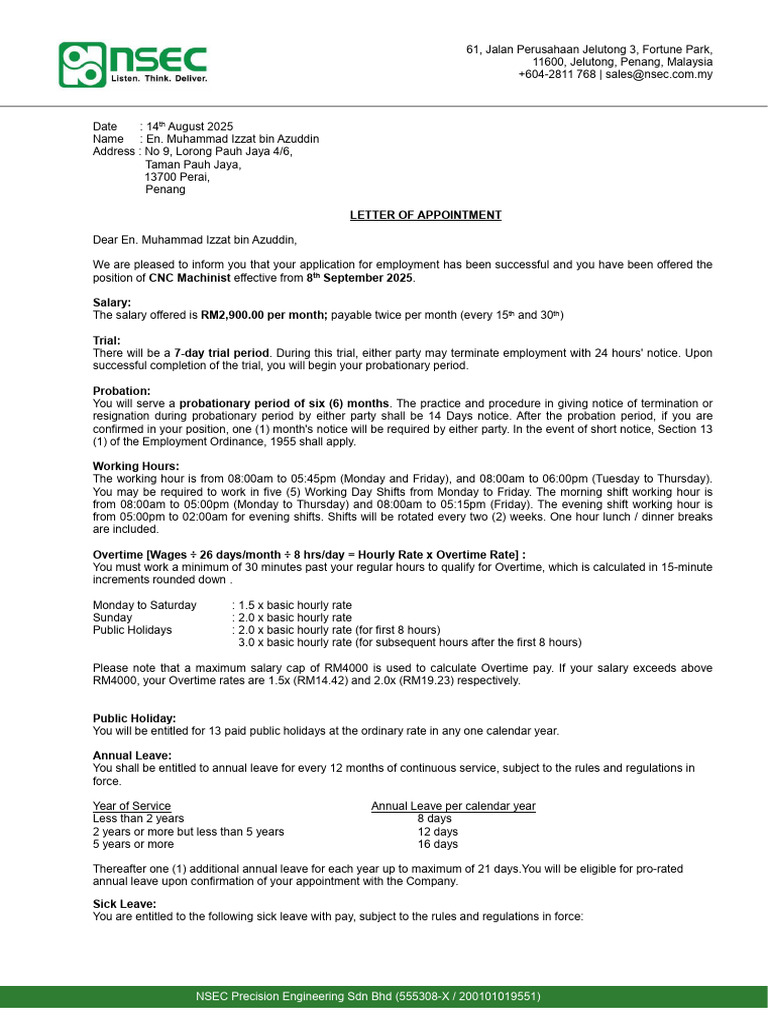 CNC Machinist Appointment Letter | PDF | Overtime | Annual Leave