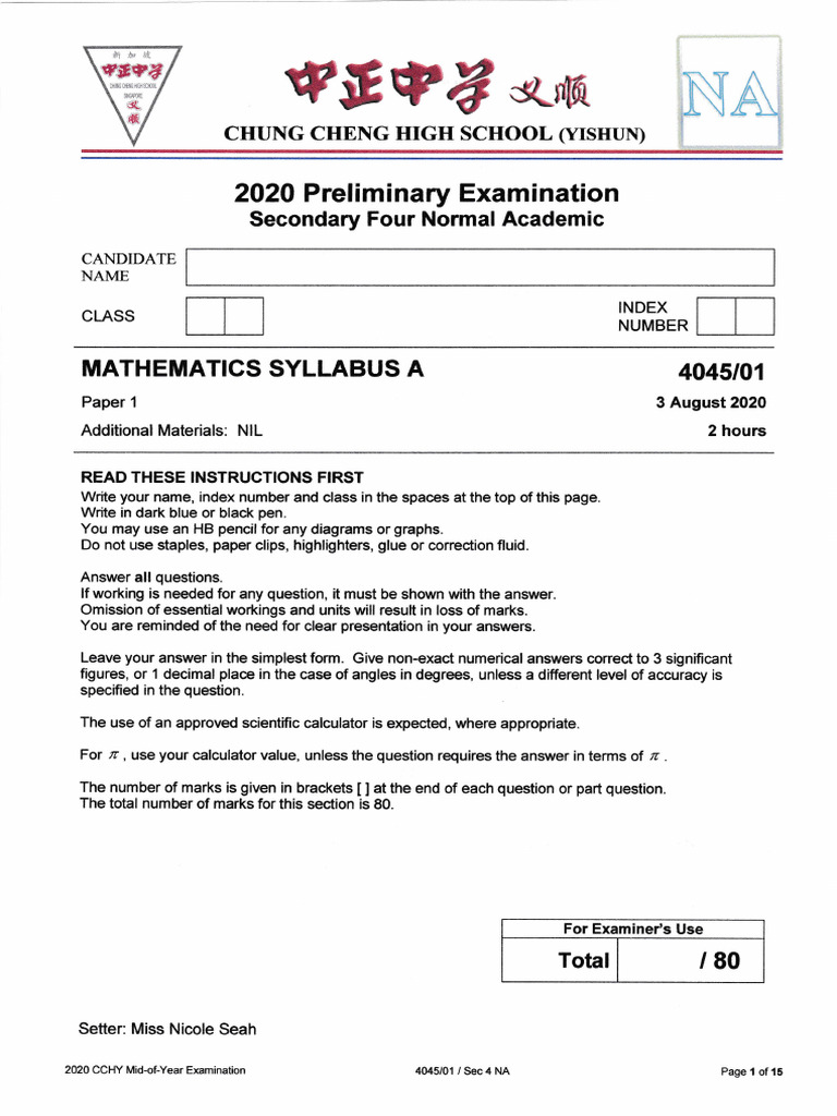 2020 CCHY Secondary 4 Math Exam | PDF | Mathematics | Elementary ...