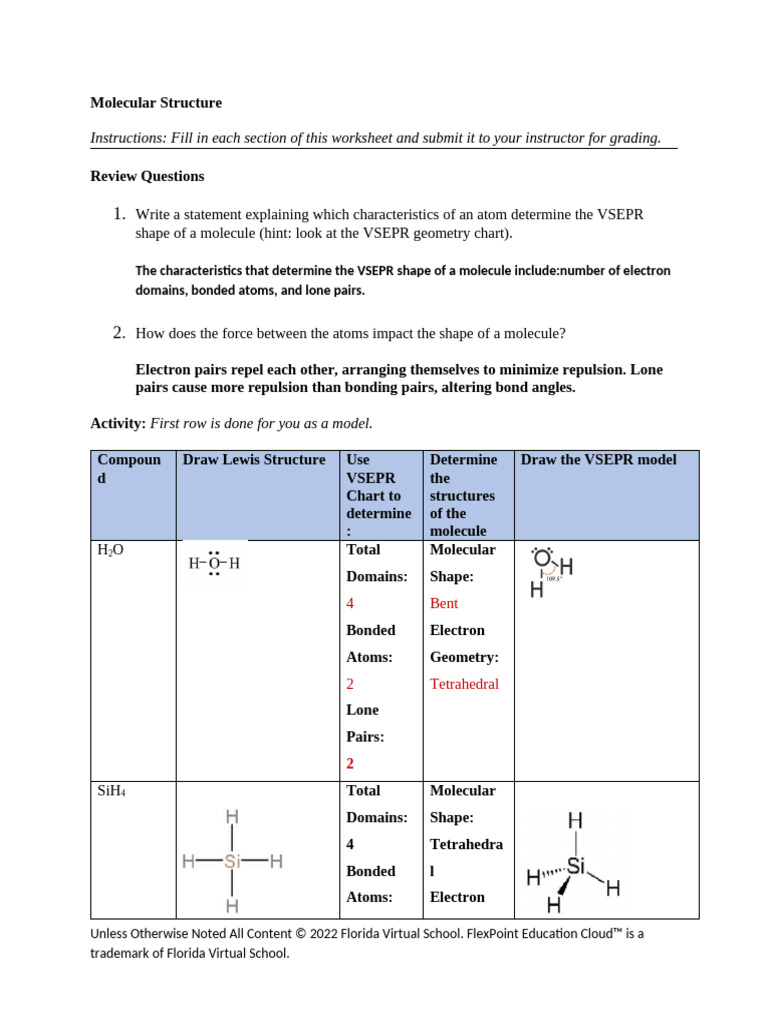 VSEPR Theory Molecular Structure Worksheet | PDF | Molecules | Chemistry