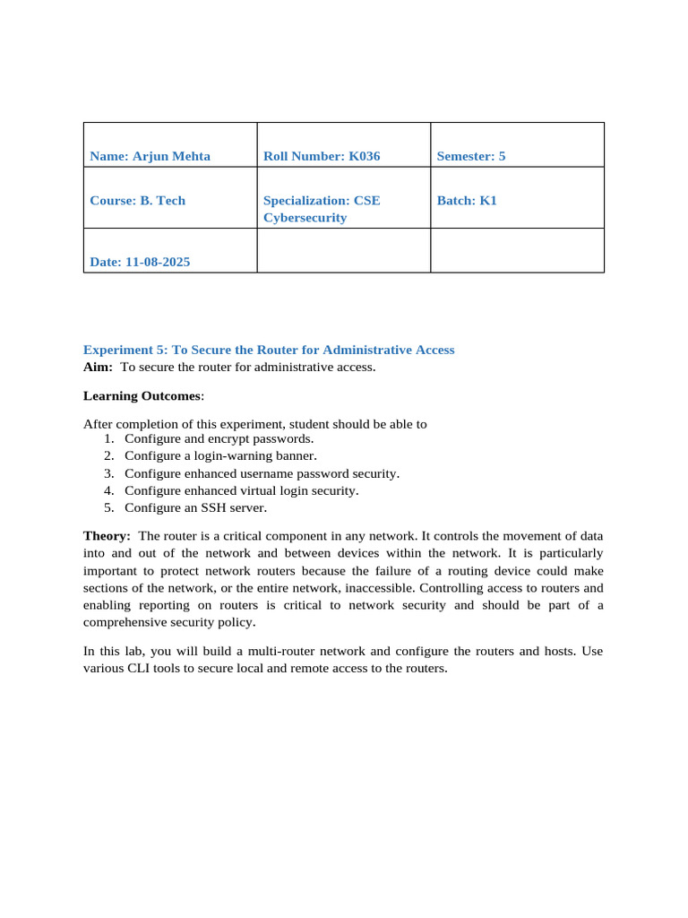 Securing Router Access in Cybersecurity Lab | PDF | Secure Shell ...