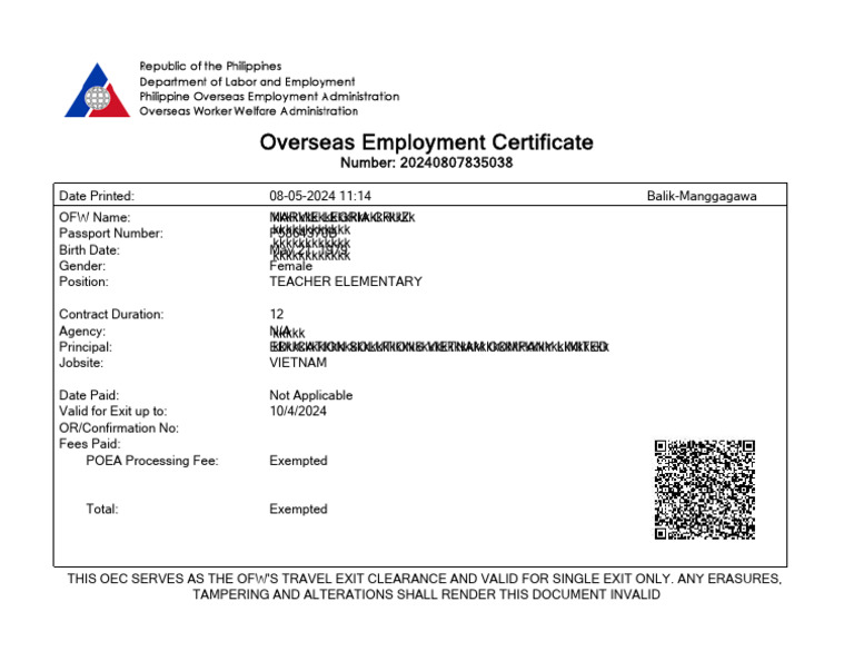 OEC Sample for Balik-Manggagawa 2025 | PDF