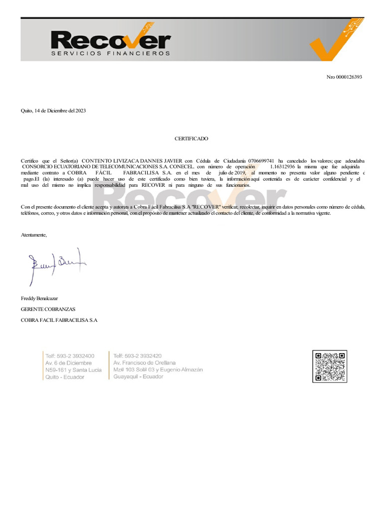 Certificado de Pago de Deuda CONECEL | PDF