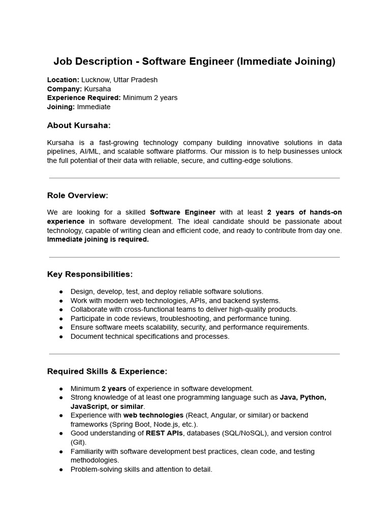 Software Engineer Job - Immediate Hire | PDF | Software Development ...
