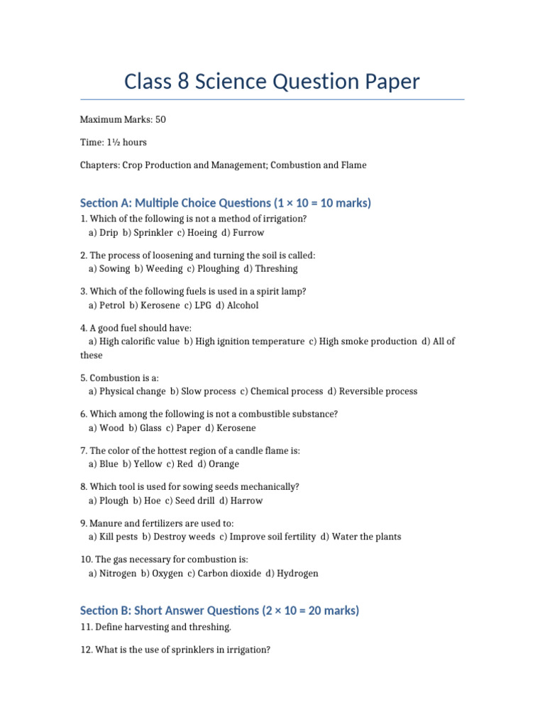 Class 8 Science Exam: Crop & Combustion | PDF | Combustion | Plough