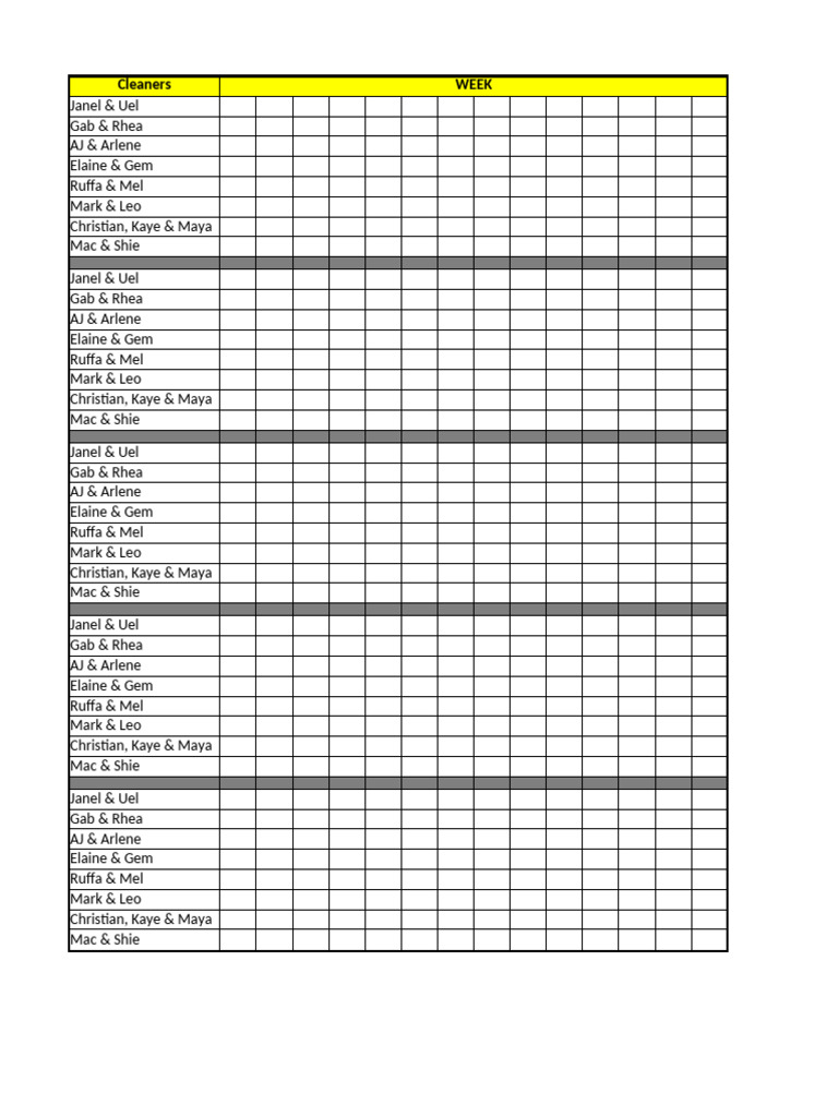 Weekly Cleaner Assignments List | PDF