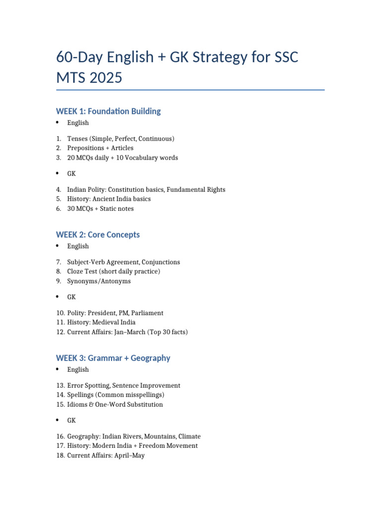 SSC MTS 2025: 60-Day Study Plan | PDF | English Language | Linguistics
