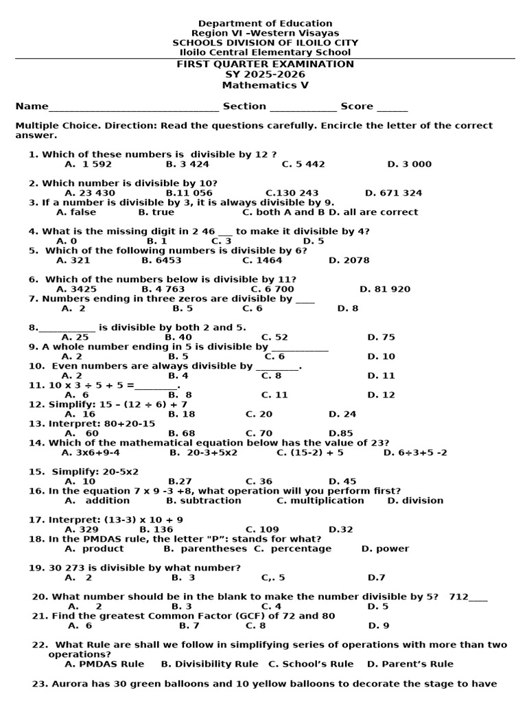 First Quarter Math Exam 2025 | PDF | Discrete Mathematics | Elementary ...