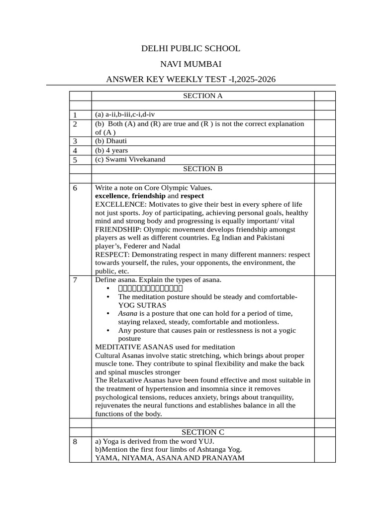 DPS Navi Mumbai Weekly Test Answer Key | PDF