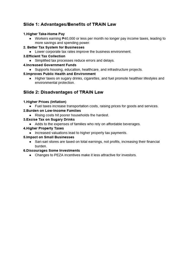 Pros and Cons of TRAIN Law Explained | PDF