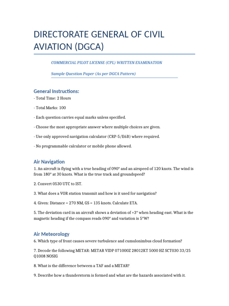 DGCA CPL Exam Sample Question Paper | PDF