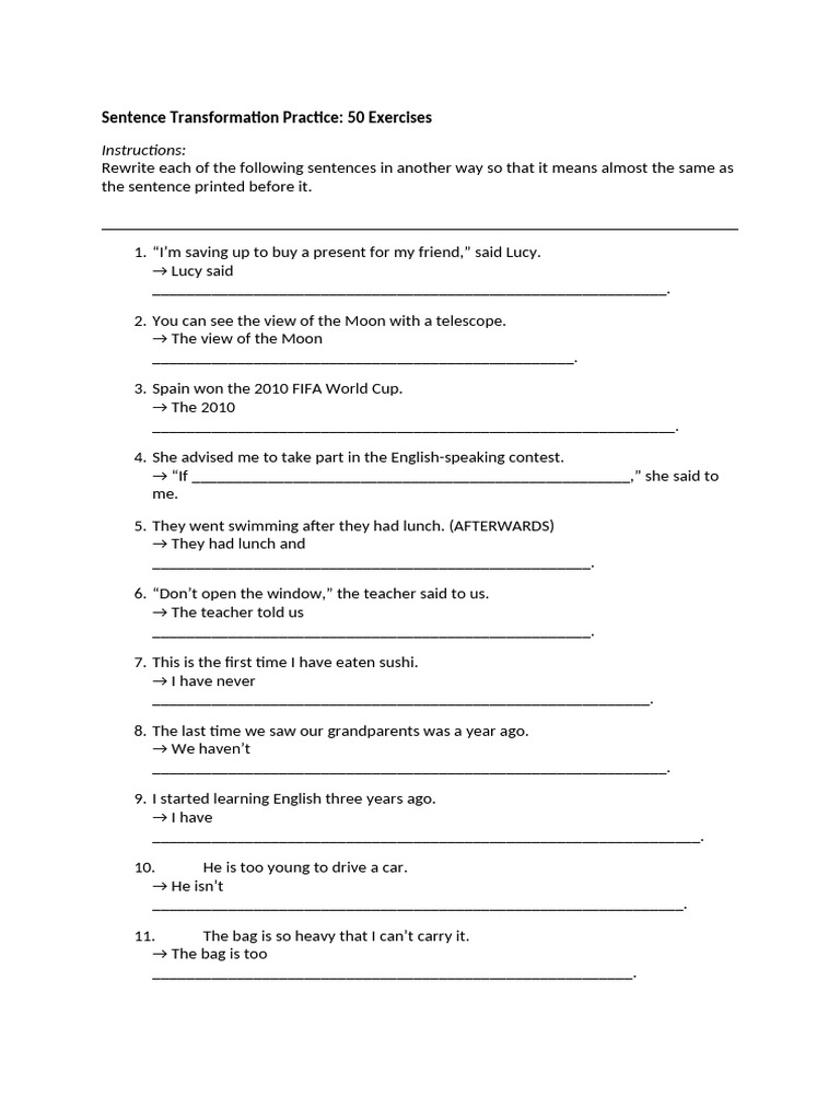 Sentence Transformation Exercises for 6th Grade | PDF | Chess | Chess ...