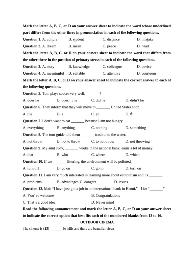 Pronunciation and Grammar Practice Test | PDF | Air Pollution | Smog
