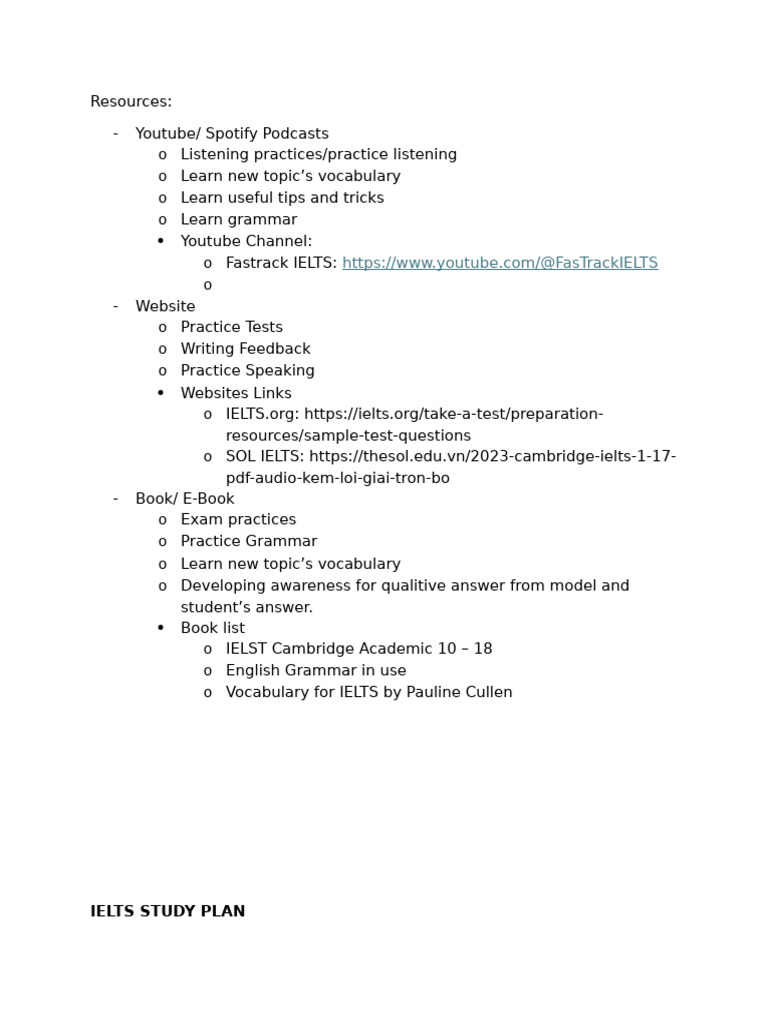 IELTS Study Resources and Plan | PDF