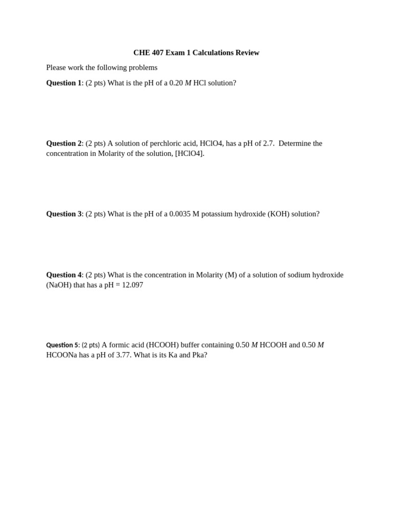 CHE 407 Exam 1 pH Calculations Guide | PDF
