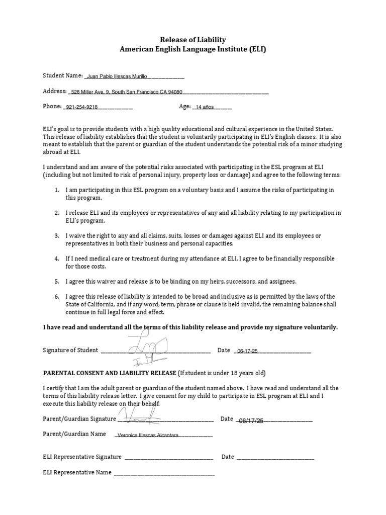 ELI Student Release of Liability Form | PDF | Legal Liability | Private Law