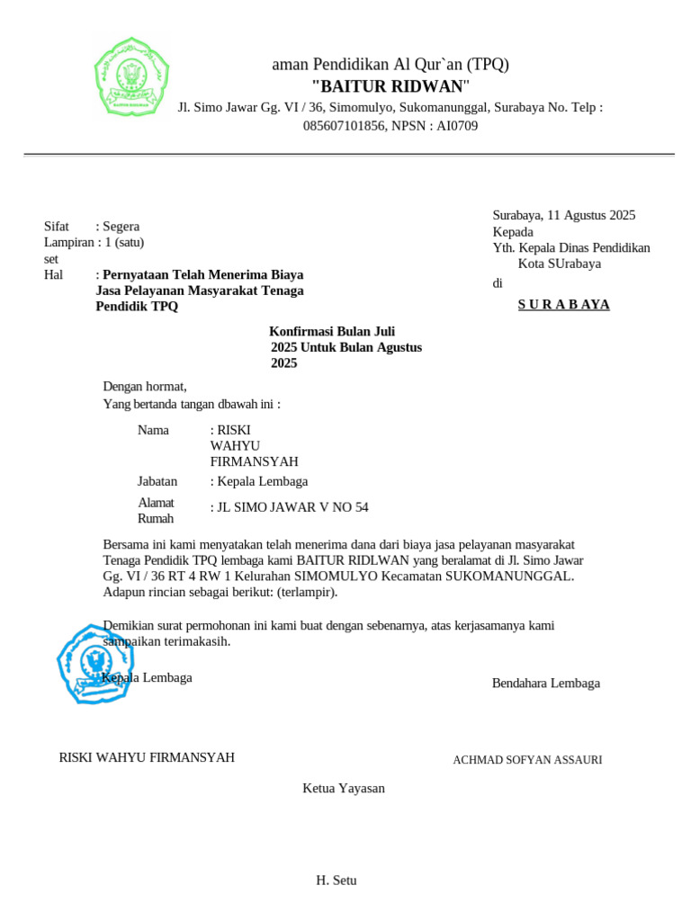 Konfirmasi Penerimaan Dana TPQ Baitur Ridwan | PDF