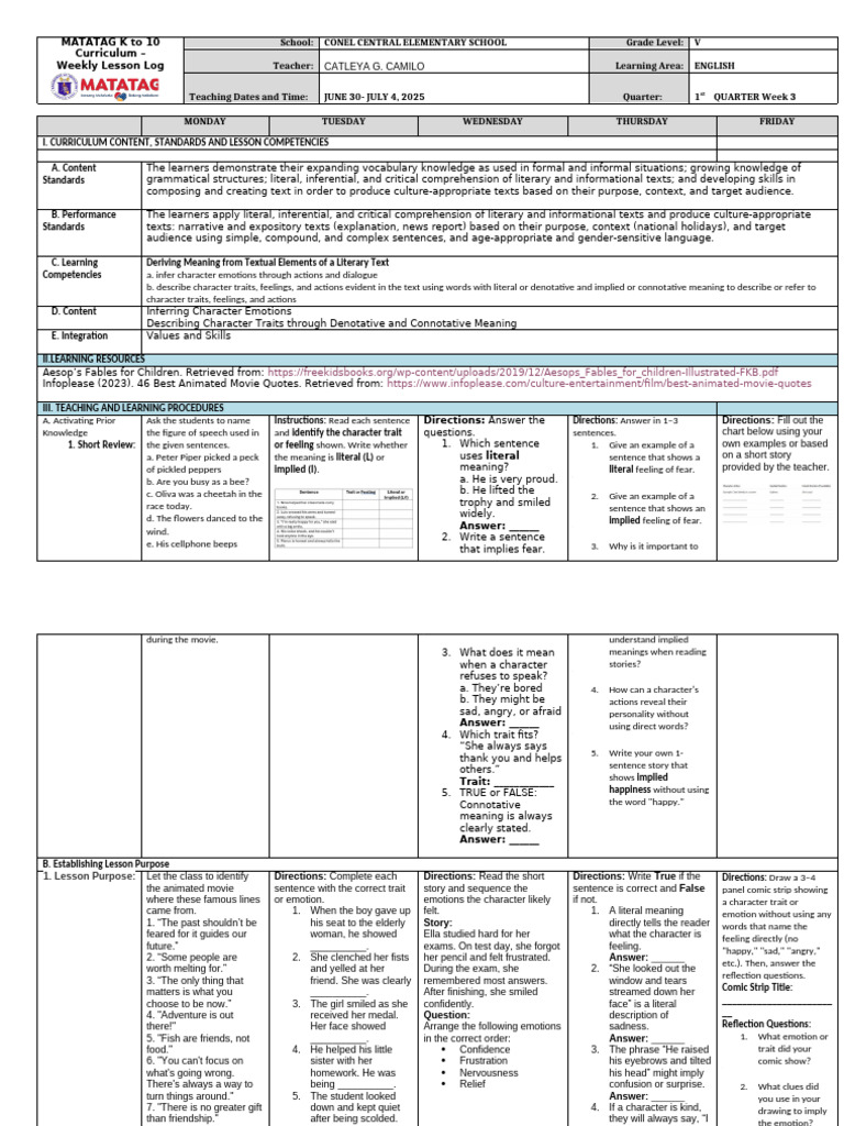 K-10 English Weekly Lesson Plan | PDF | Reading Comprehension | Emotions