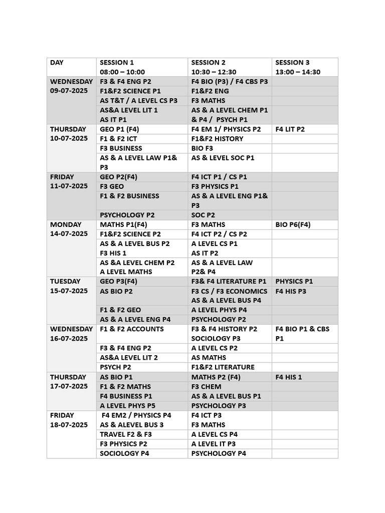 Exams Timetable | PDF