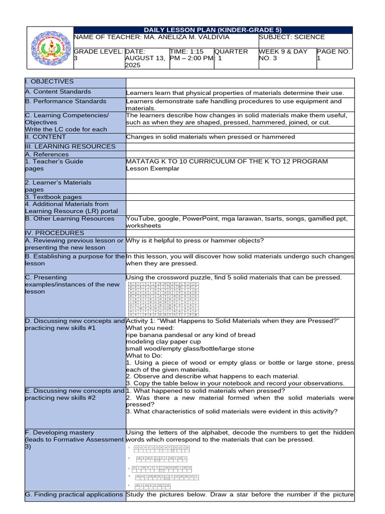 Science Lesson Plan: Solid Material Changes | PDF | Learning | Cognition