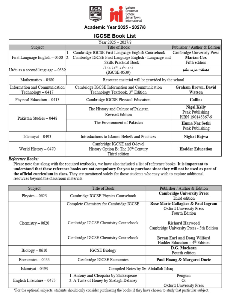 IGCSE Book List for 2025-2027 | PDF