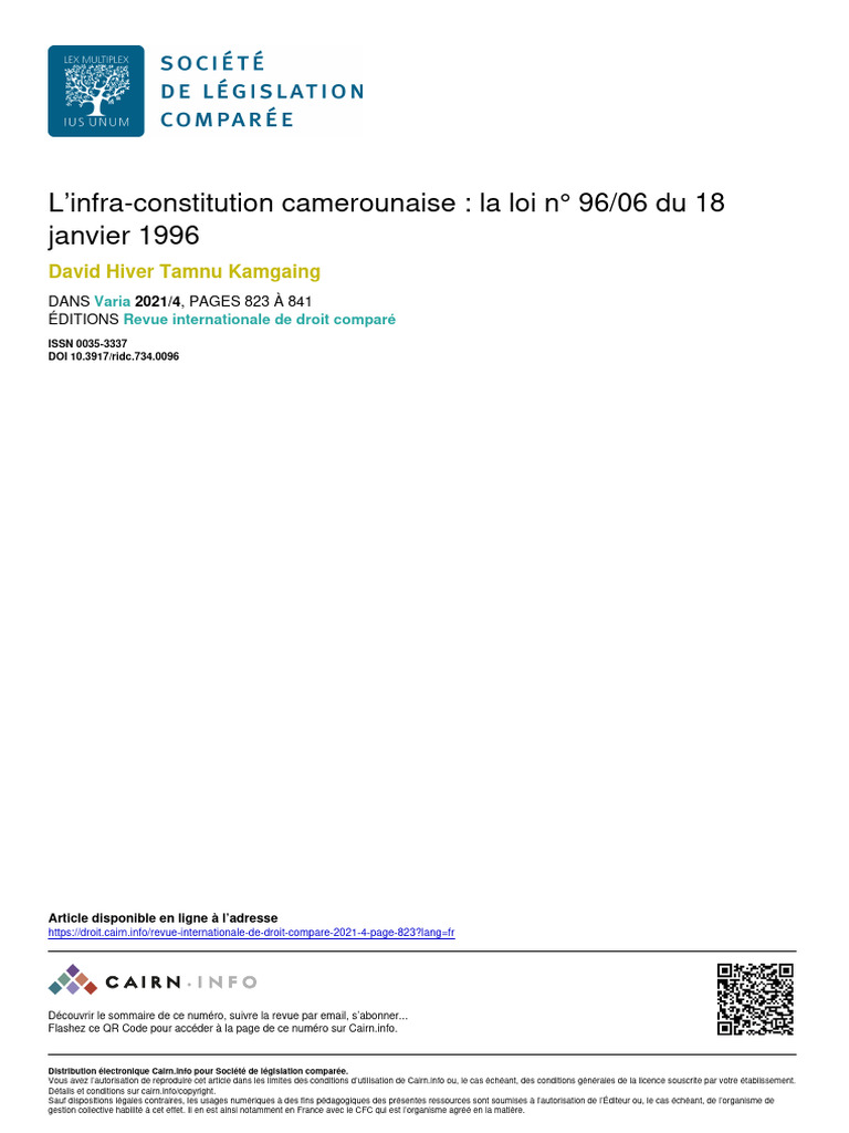 Infra-constitution camerounaise 1996 | PDF | Constitution | Loi