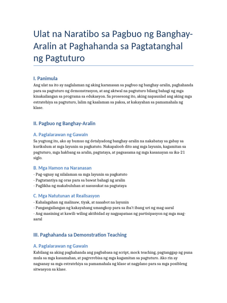 Ulat Na Naratibo Pagtuturo Filipino | PDF