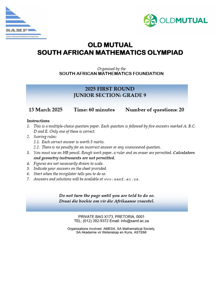 South African Mathematics Olympiad 2025 | PDF | Area | Rectangle