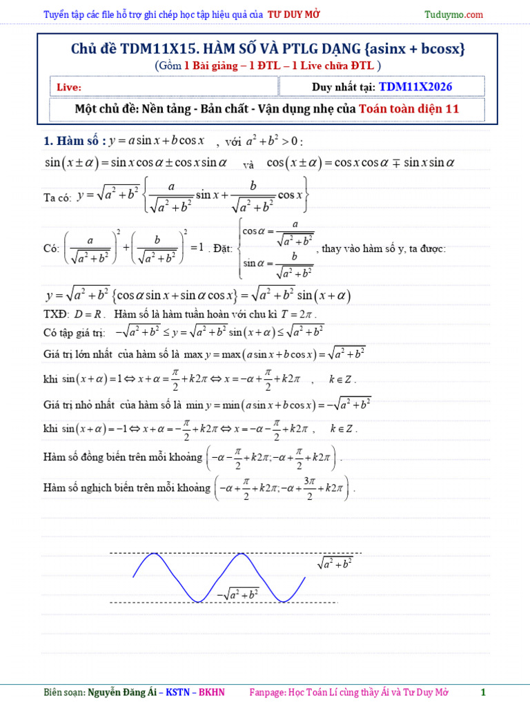 TDM11X15 - FCD - HÀM SỐ VÀ PTLG DẠNG Asinx+bcosx - 2026A - GV | PDF