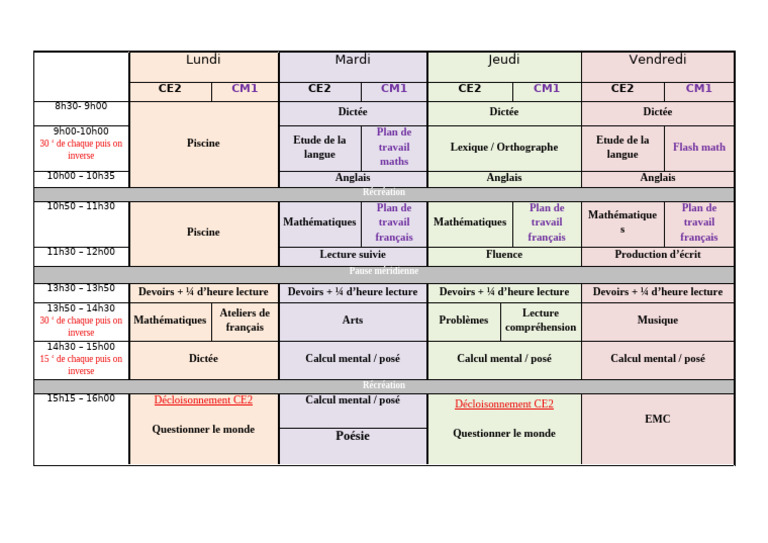 Emploi du temps CE2/CM1 PDF | PDF | la communication