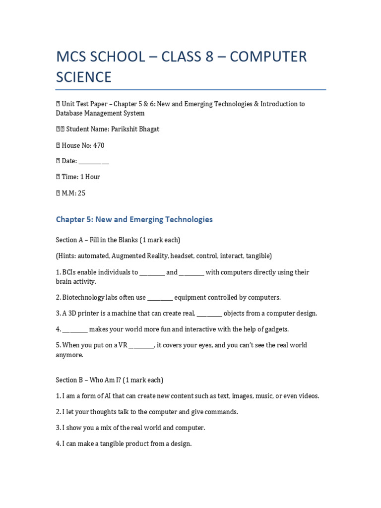 Class 8 Computer Science Unit Test | PDF | Databases | Virtual Reality