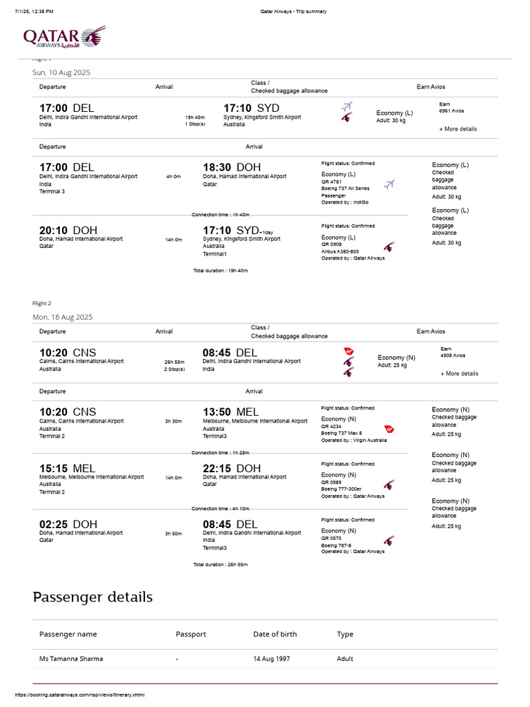 Qatar Airways Trip Summary for Ms. Sharma | PDF | International Airport ...