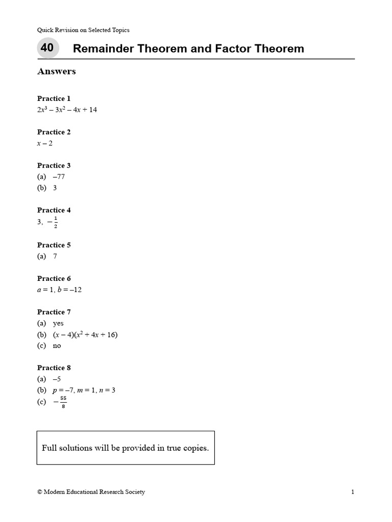 Supplementray Worksheet Answer Remainder Theorem and Factor Theorem | PDF