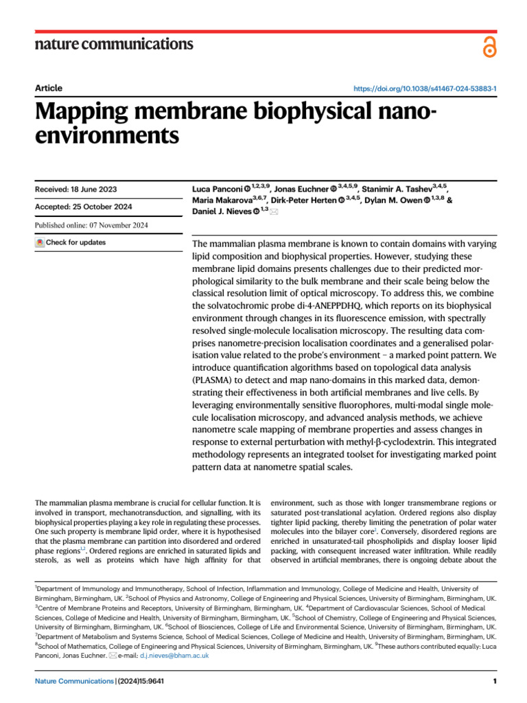 Mapping Membrane Nano-Domains in Cells | PDF | Cell Membrane | Cluster ...
