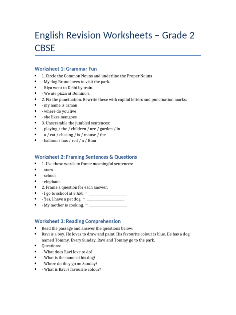 Grade 2 English Revision Worksheets | PDF