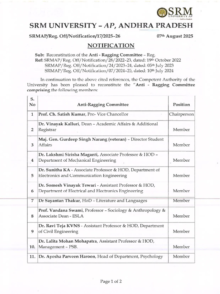 Reconstitution of The Anti - Ragging Committee | PDF