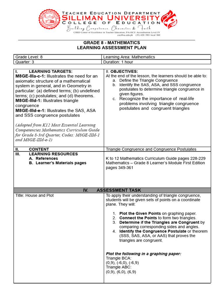 Grade 8 Triangle Congruence Assessment | PDF | Learning | Cognition