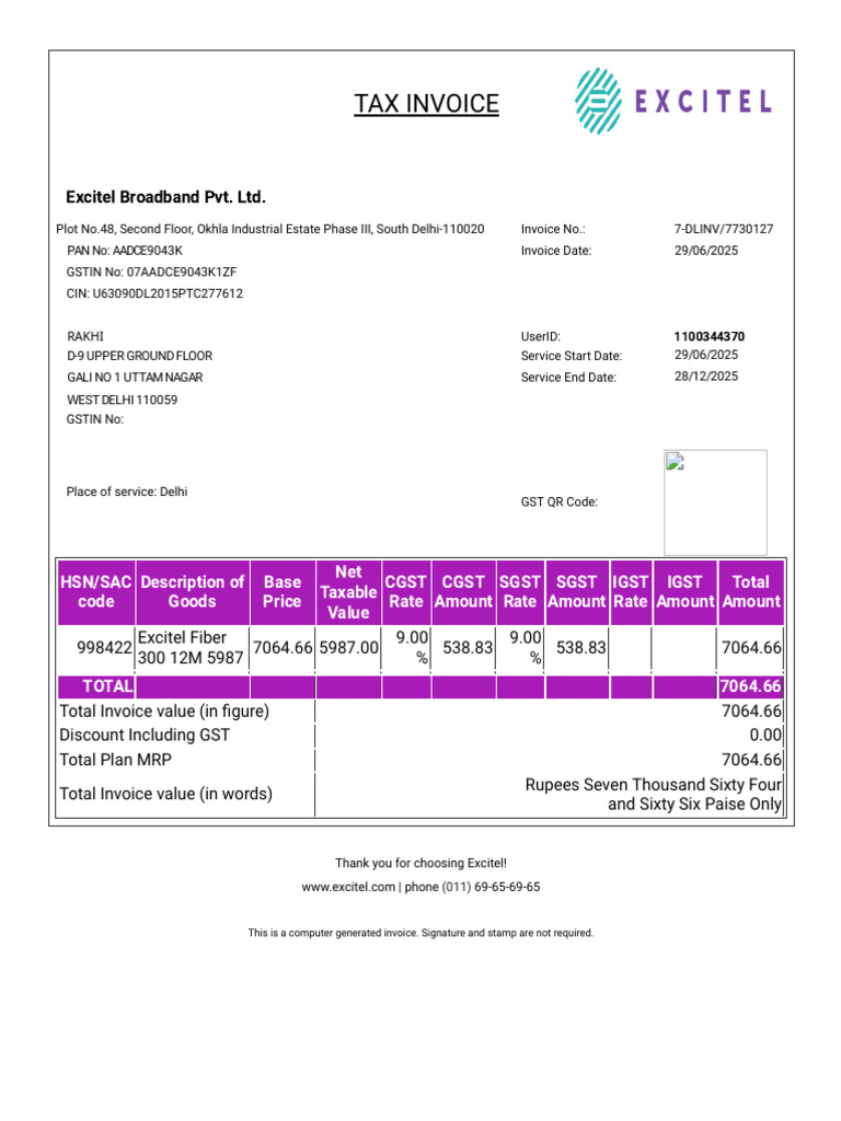 Excitel Broadband Invoice Summary | PDF | Economy Of India | Sales