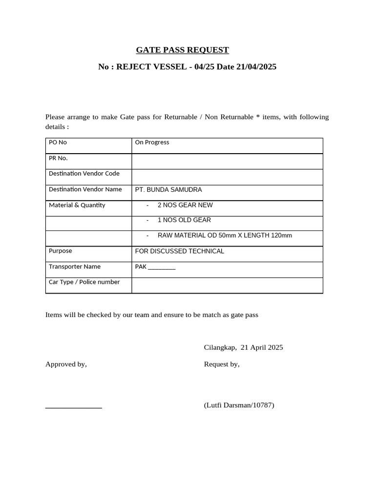 Form Gatepass Request | PDF | Machines | Manufactured Goods