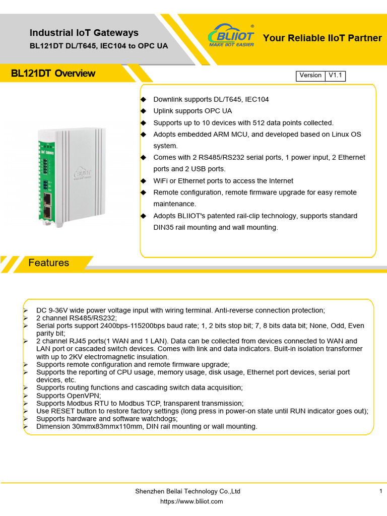 BLIIoT BL121DT DLT645 IEC104 To OPC UA Gateway | PDF | Wi Fi | Usb